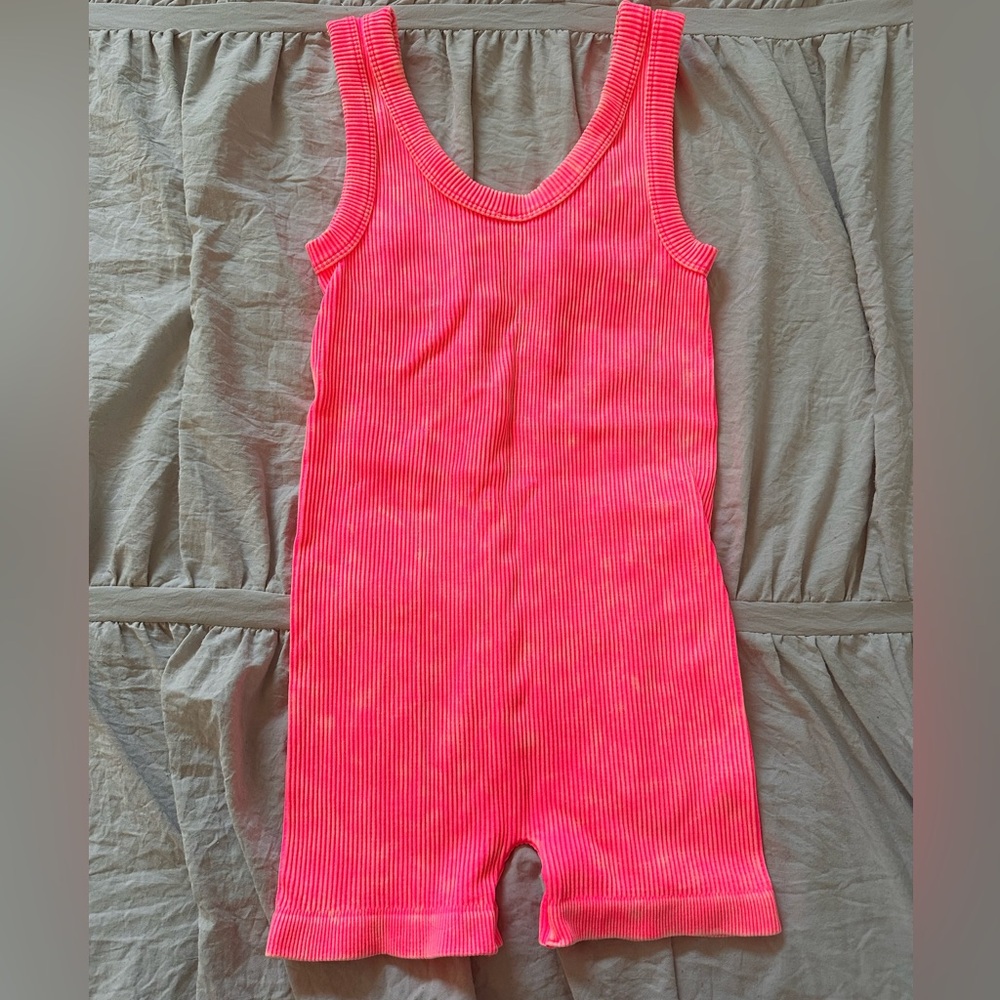 Zenana Stone Washed Ribbed Seamless Sport Romper in fuchsia
